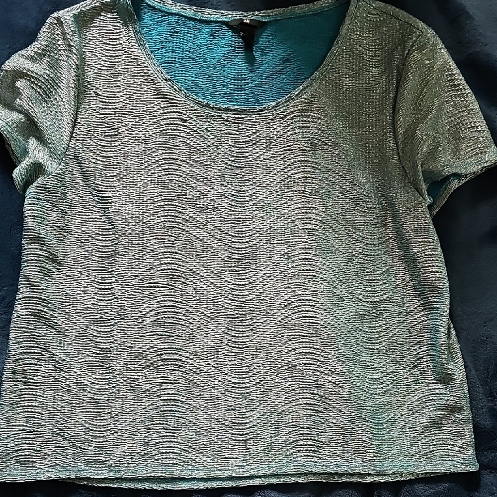 H&M Teal Metallic Short Sleeve T-Shirt